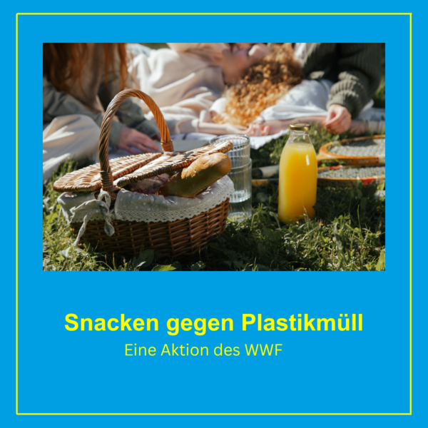 Foto einer Picknickdecke mit Gläsern und Brotkorb, Text: Snacken ohne Plastikmüll, eine Aktion des WWF